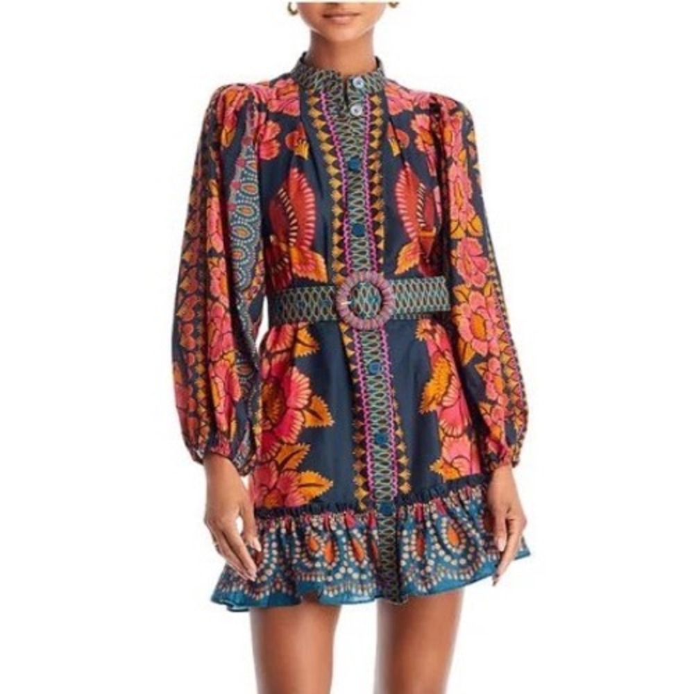 Farm Rio Ainika Sparkle Puff Sleeve Cotton Mini Dress Navy Floral XL 312654